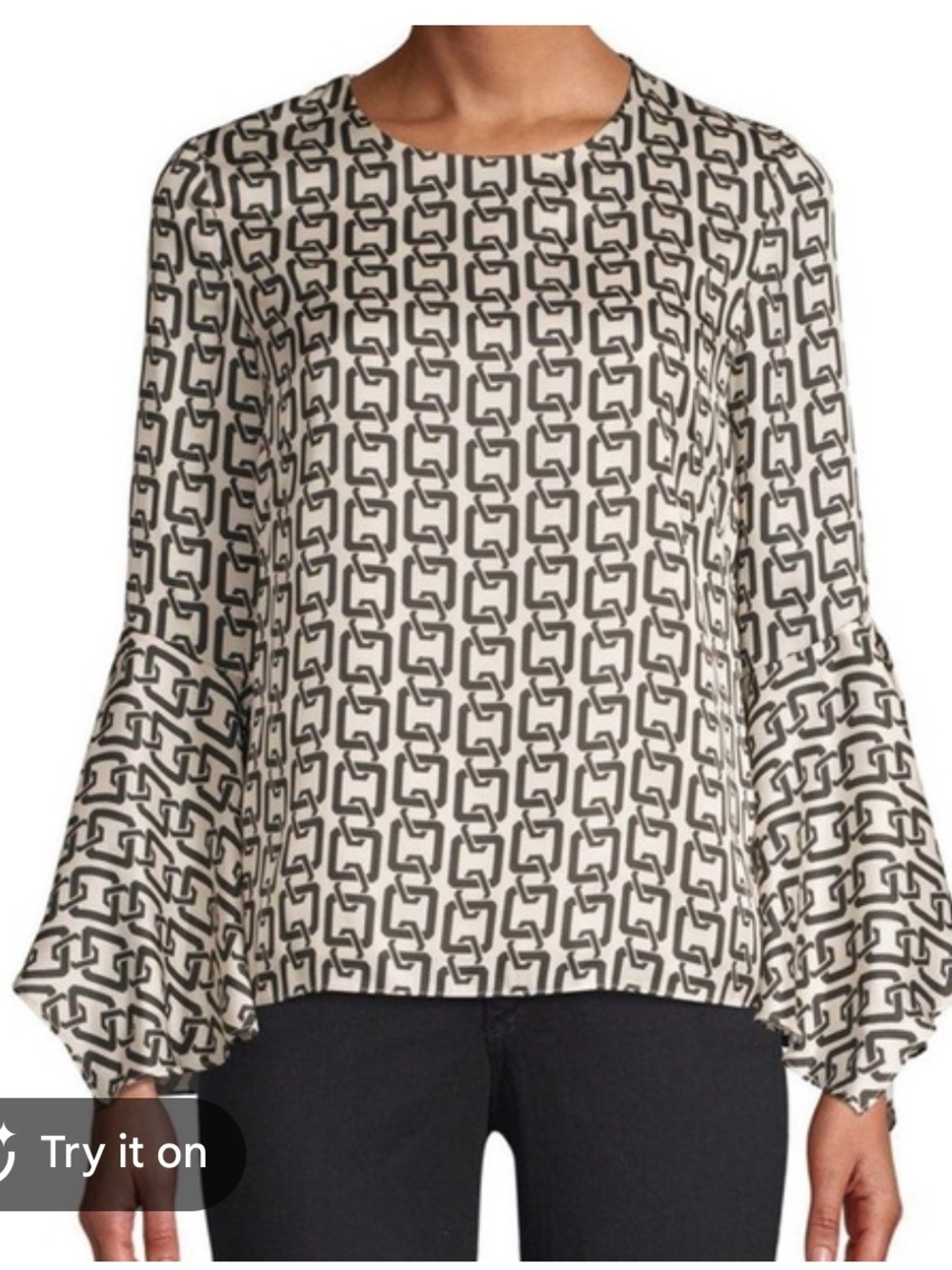 Milly Black & Cream Chain Print Bell-Sleeve Blouse Size 6